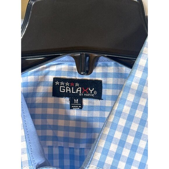 Galaxy by Harvic Gingham Mens Button Up Dress Shirt Light Blue, Size M, NWT - Picture 3 of 5